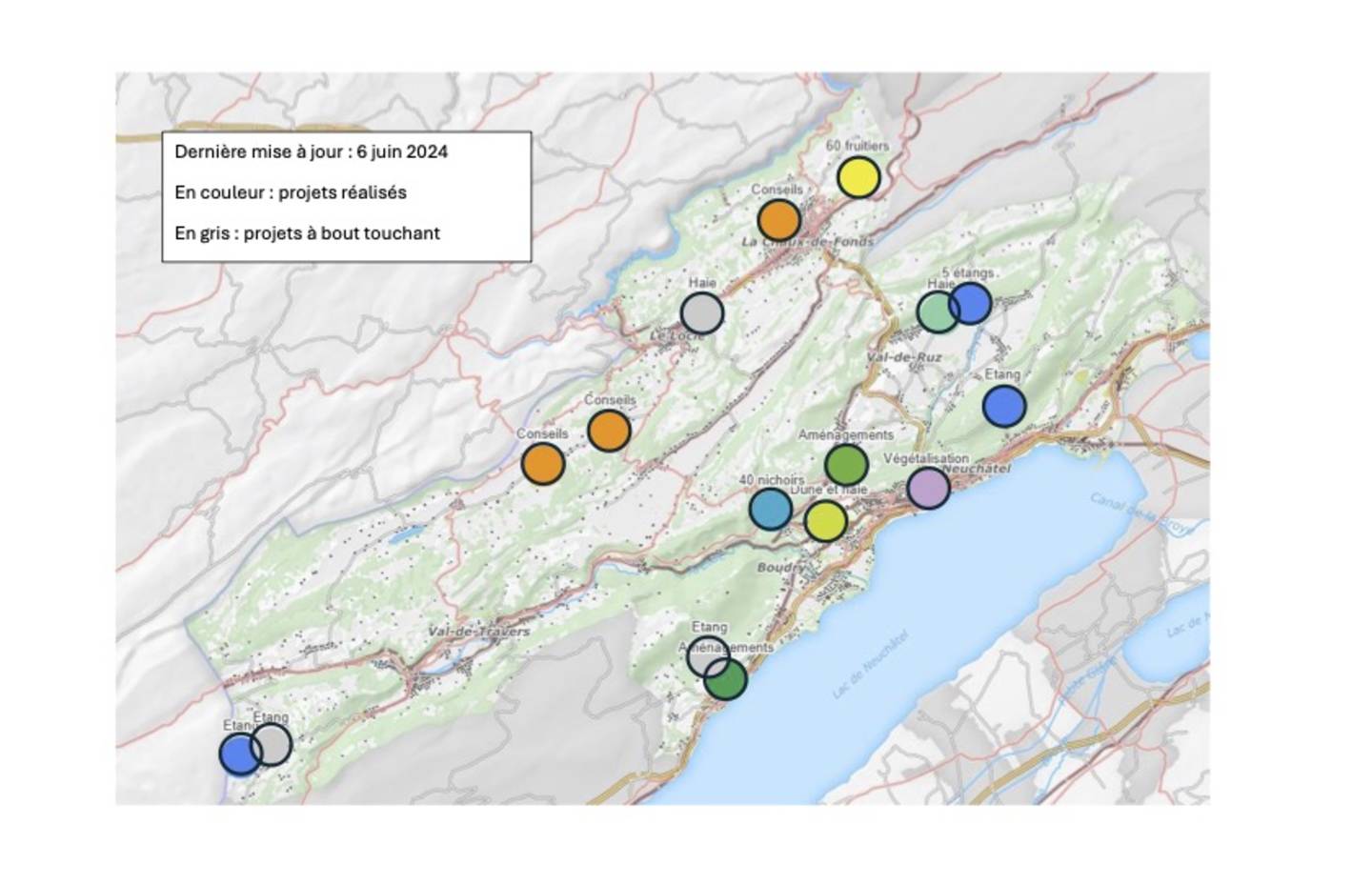 Carte des projets des 60 ans de Pro Natura Neuchâtel
